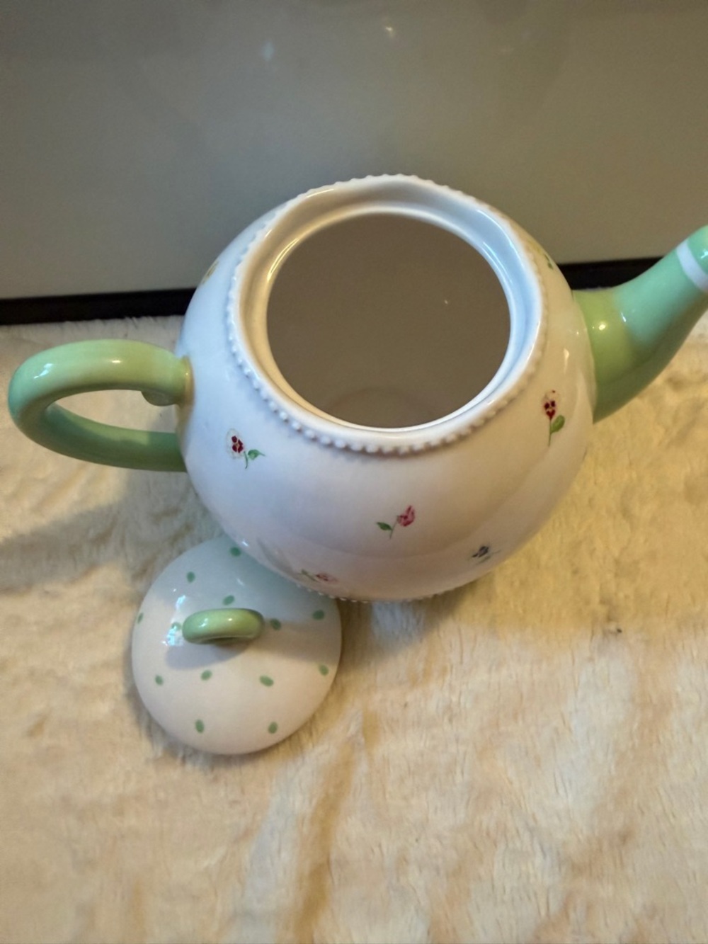 Susan Bristol White Teapot with Green Handles and Pink Floral Accents